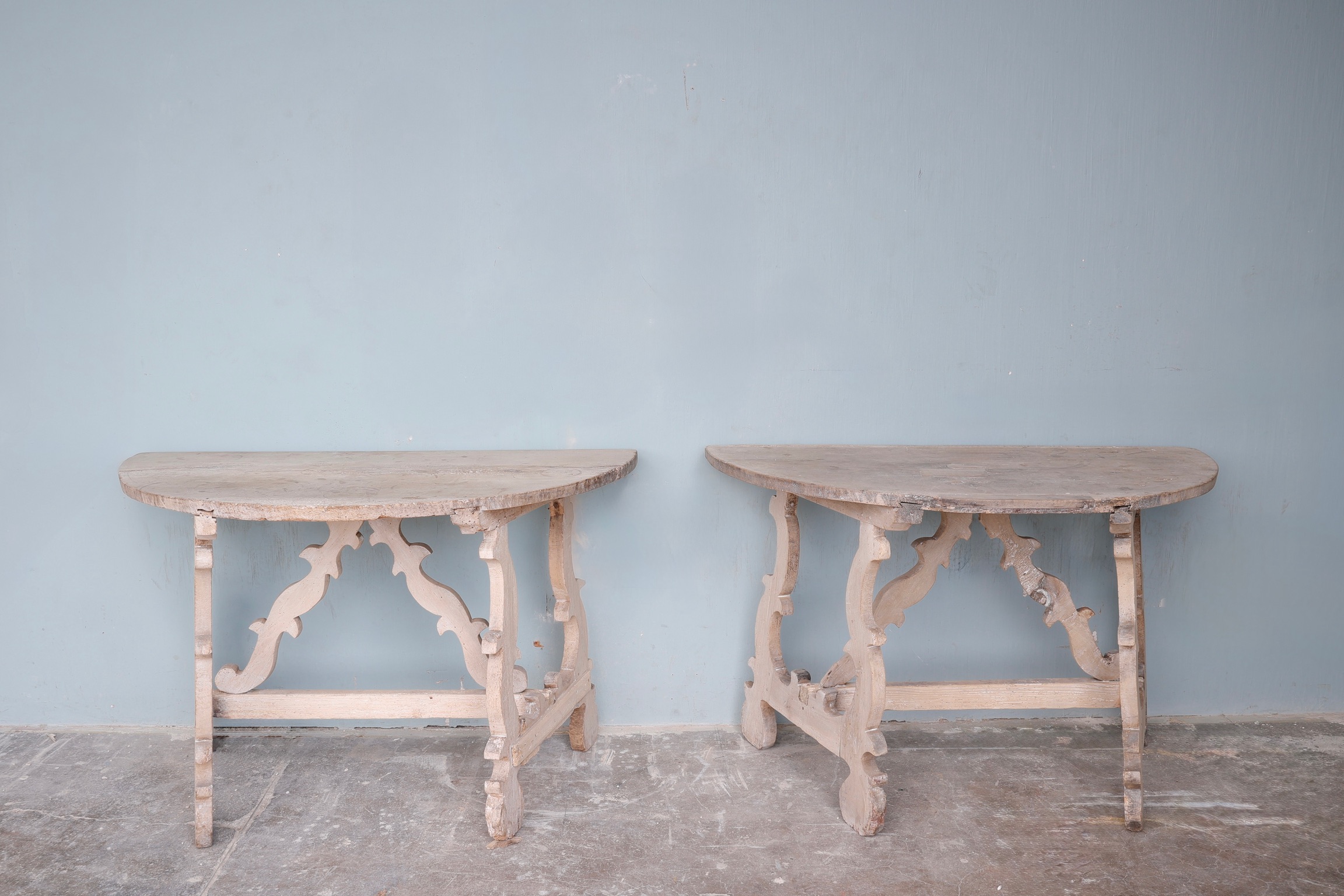 Pair of 18th c. Italian Demi Lune Console Tables
