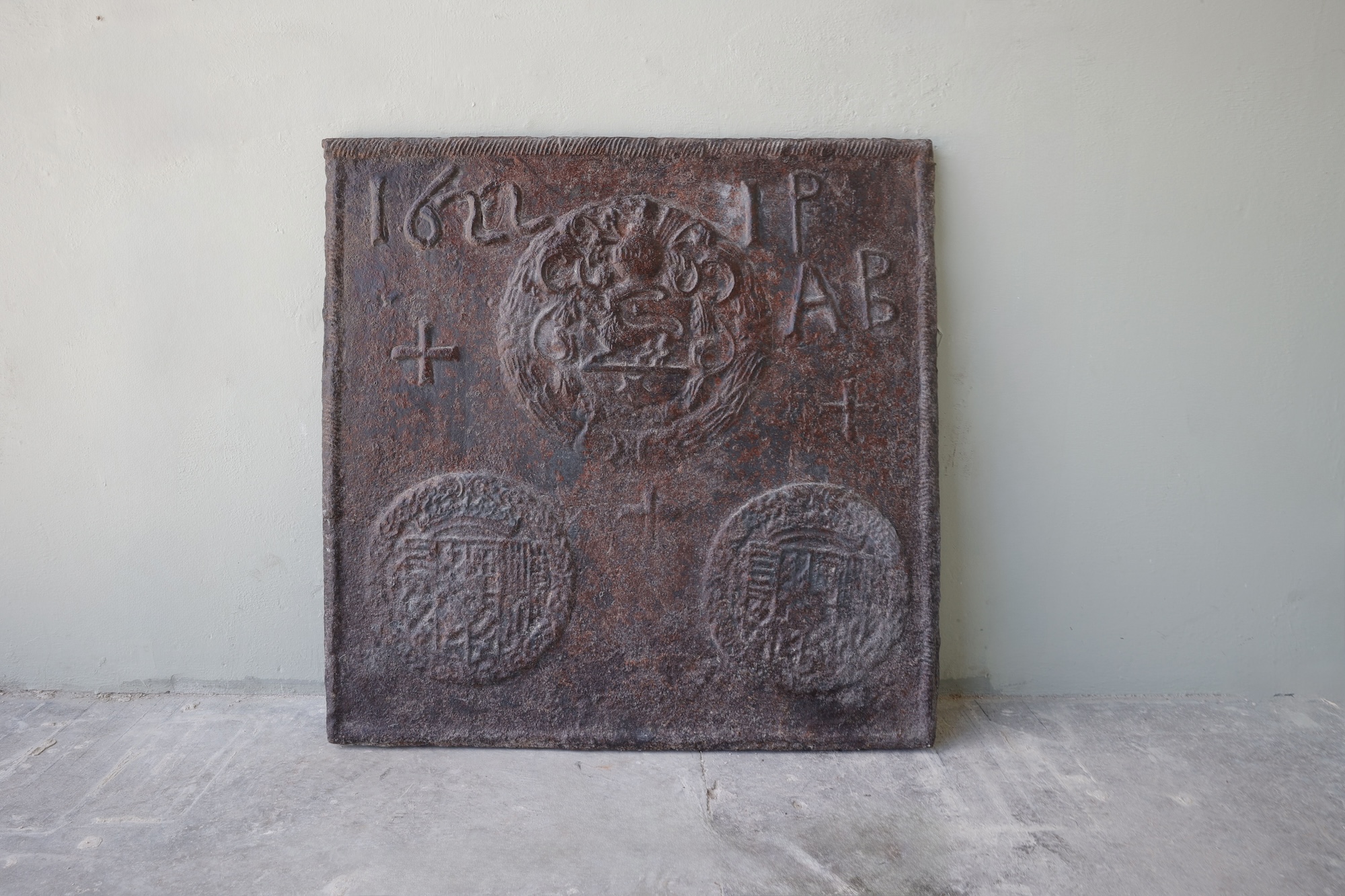 17th c. Plaque de Cheminee from an important property in Nancy, a city in the Lorraine region of France. Dated "1622".