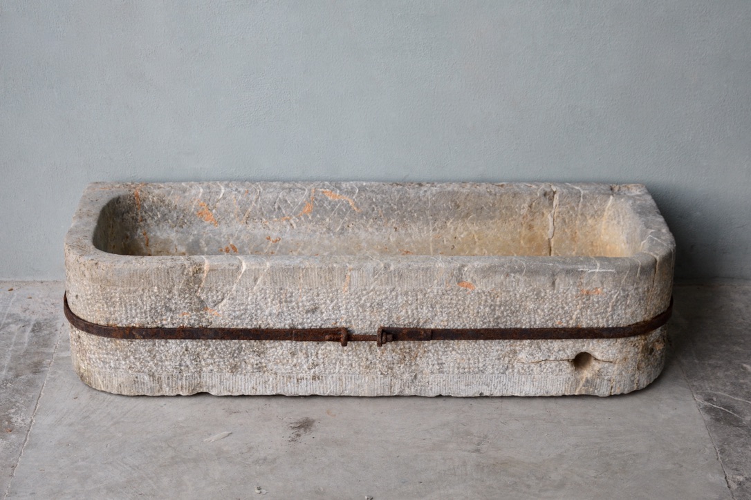 Belgian Blue Stone Trough with Metal Strap from a Atelier in Ghent, Belgium