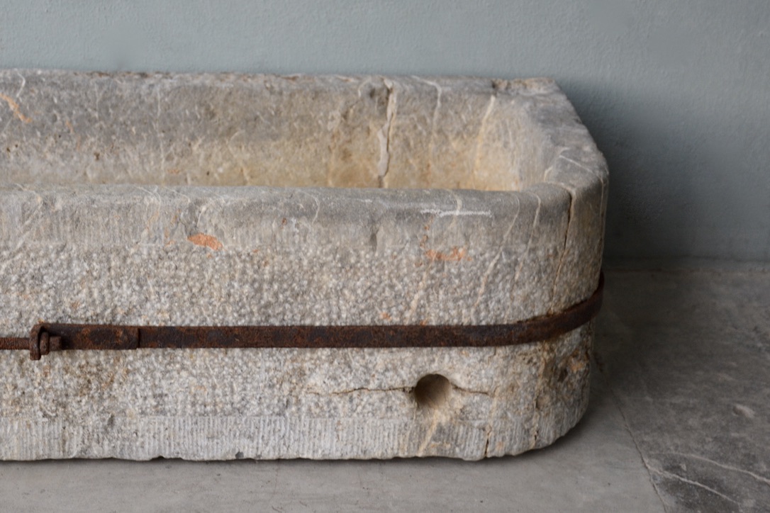 Belgian Blue Stone Trough with Metal Strap from a Atelier in Ghent, Belgium - image 4